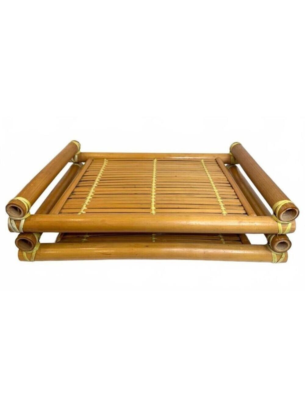 Set of 2 Bamboo Rattan Serving Stackable Trays Vintage Chinese Decor 1970's